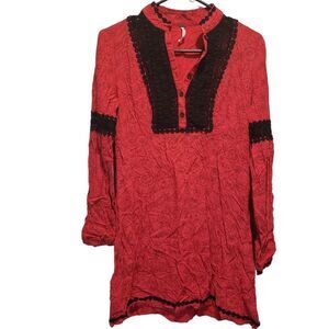 Free People Lace Boho MIDI RED BLACK TUNIC DRESS SZ 6